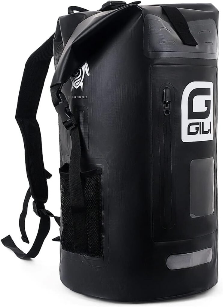 GILI Waterproof Backpack with Roll Top Closure, Easy Access Front Zipper, Side Mesh Pockets Molle Webbing | Keep Your Gear Completely Dry while Paddle Boarding, Kayaking, Canoeing (35L Black)